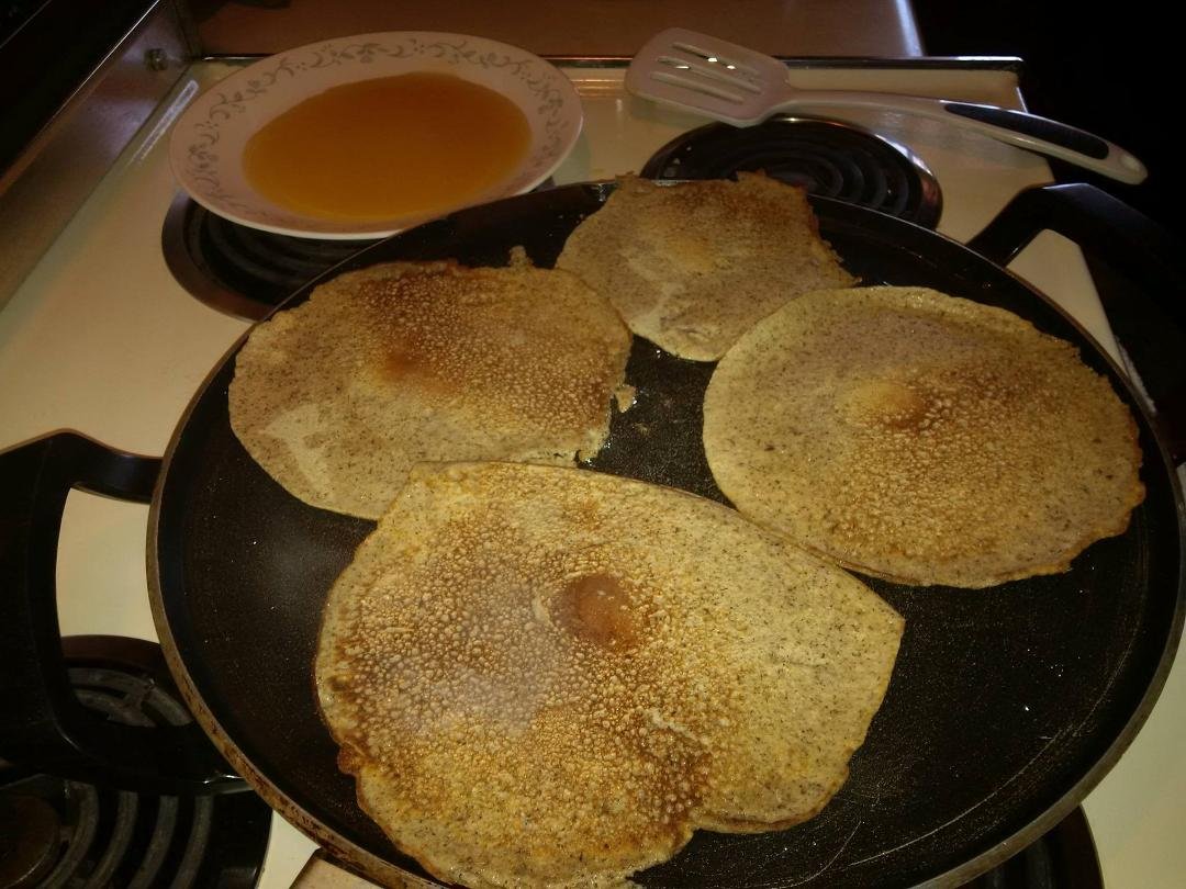 Fridge is almost empty, so I am making this my meal for this day.
1 Cup of Buckwheat pancake mix, 1 1/4 cup of milk, generous squirt of Olive oil, 2 large eggs, and 3 to four scoops of my personal OATMEAL MIX, which includ