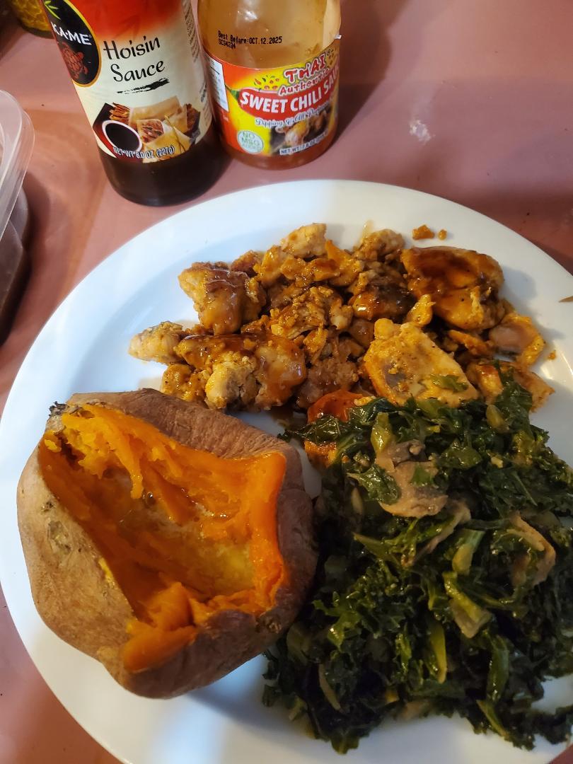 What's for dinner some salmon bites with some sweet chili and hoisin sauce, sauteed kale with mushrooms , onion and garlic and baked sweet potatoes