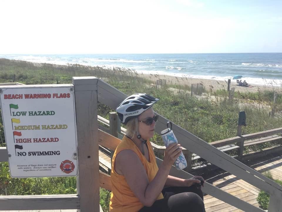 Becky taking a breather during our morning bicycle ride.
