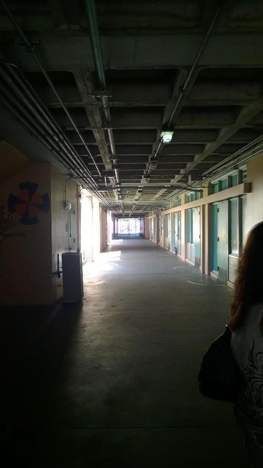 Looking down from the cafeteria toward the locker rooms