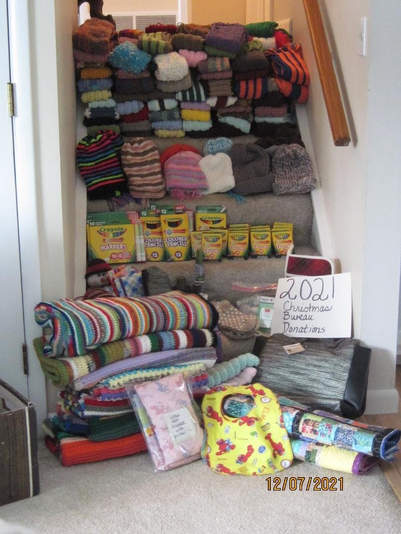 This is 2021 hat, scarf (106) and other items we donated to the Baldwinsville Christmas Bureau. This is my 17th year of crocheting for the needy children, to help keep them warm. I also made 10 small lap size blankets for