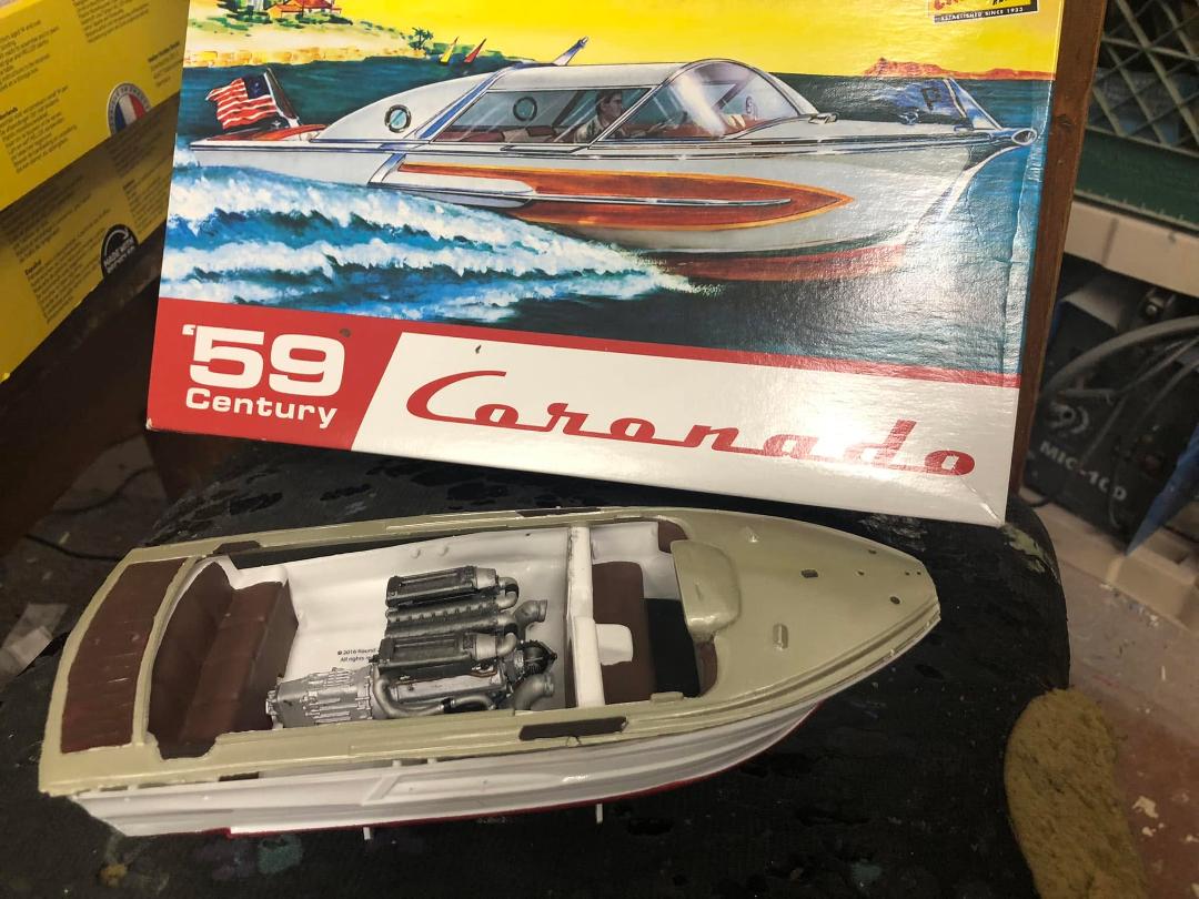 Race fans! I started the Ice Cream diet and it is wonderful. So much energy! I am more funny and more creative!
For example, I am stuffing a Bugatti quad turbo W16 in this sweet Coronado boat. Looks like I will lose a row