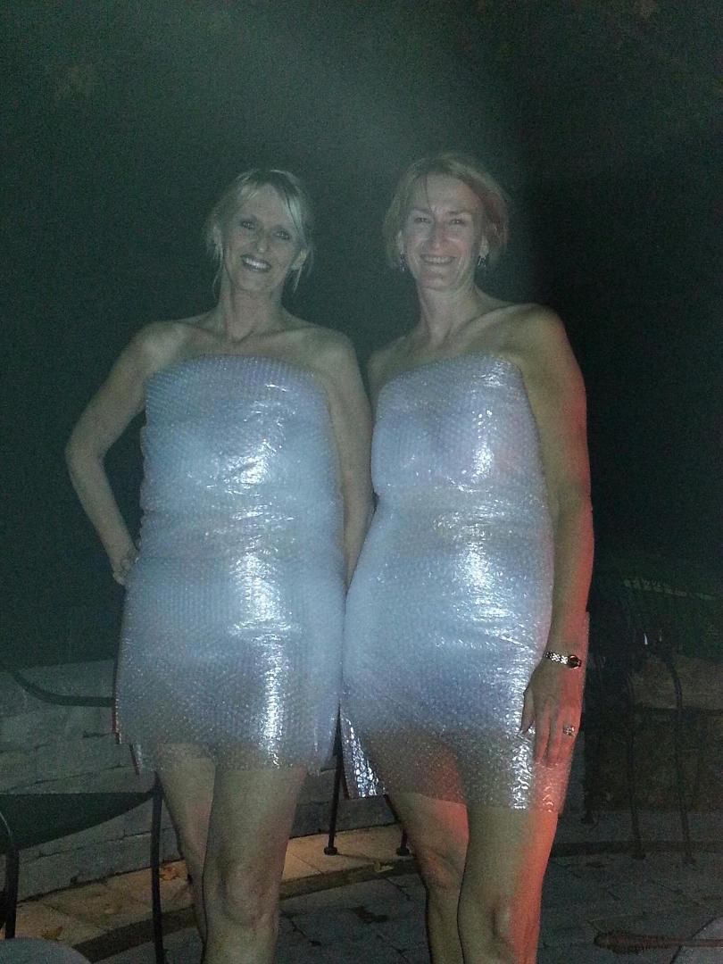 Cheryl and her sister Gloria came out to the fire pit wrapped in bubble wrap modeling for Dick and me.
