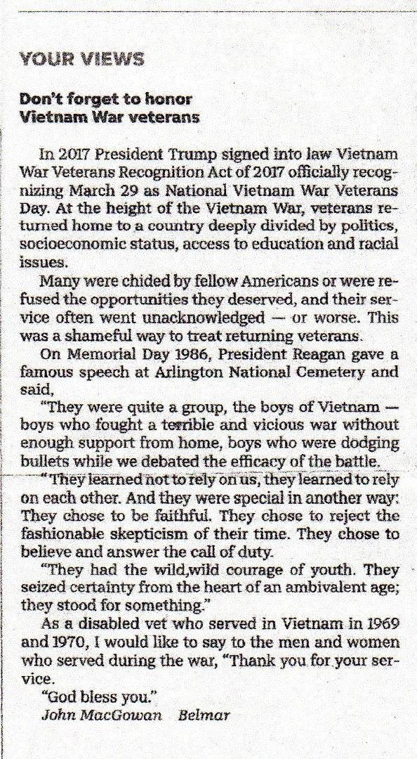 This is a letter to the editor of the Asbury Park Press (NJ) that my brother, a disabled Vietnam veteran, wrote which was published today. I am so proud of his service to our country along with so many who served so honorab