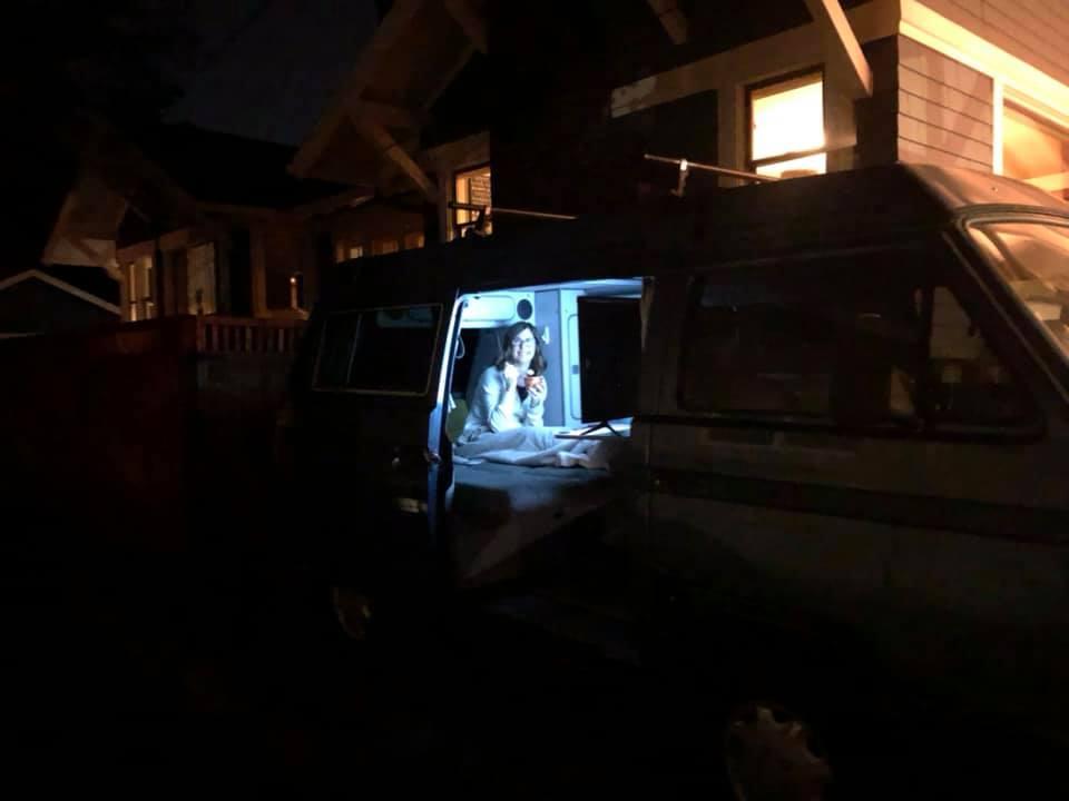 Took Kelly “out” to a surprise movie tonight. That’s her inside the Westy, in the driveway next to our house, with our (relocated) TV wired in to light up her smiling, ice-cream-eating face! #StayHome=BeCreative.