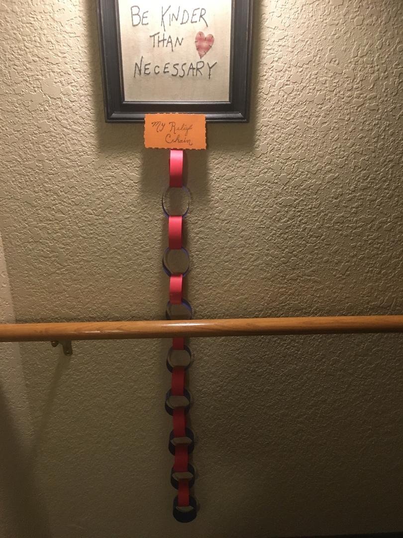 Look what my neighbor’s grandaughter made me. A chain to tear off one for each day left working at Costco. That was so sweet of her❣️. It says My Relief Chain.