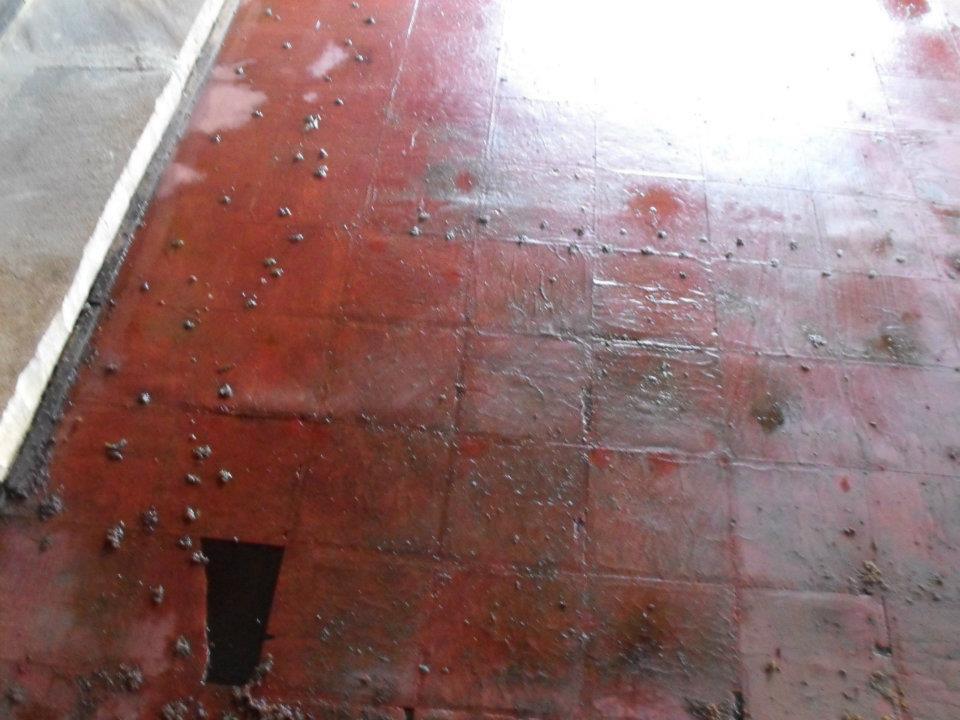 Living room floor, damp from the puddle of water (more like a swimming pool) on the roof. Whoever came up with a flat roof should be shot.