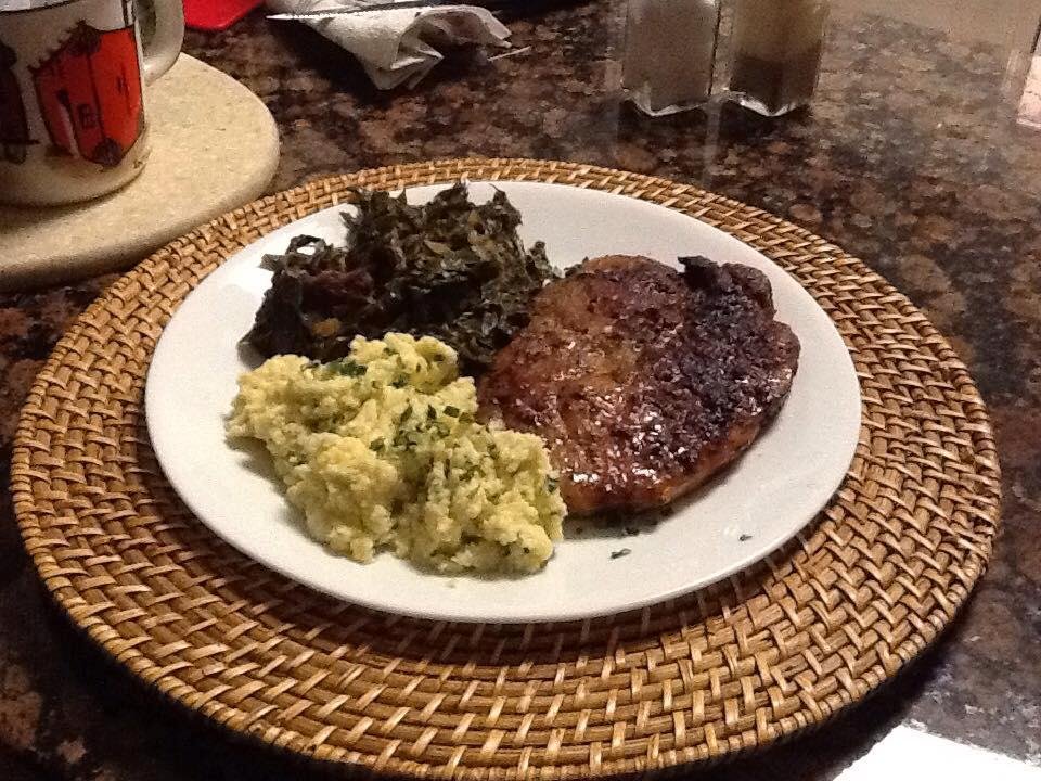 Well, hubby wanted pork chops tonight! The maple bacon ones again. This time we had grits with chives with it and collard greens, done southern style. I needed my sisters cornbread. Lol