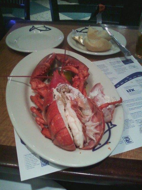 A deeeeeeeeeeeeeeeeeelicious lobster sits on my plate. This photo was taken at Legal Sea Foods in the Boston Long Wharf store.