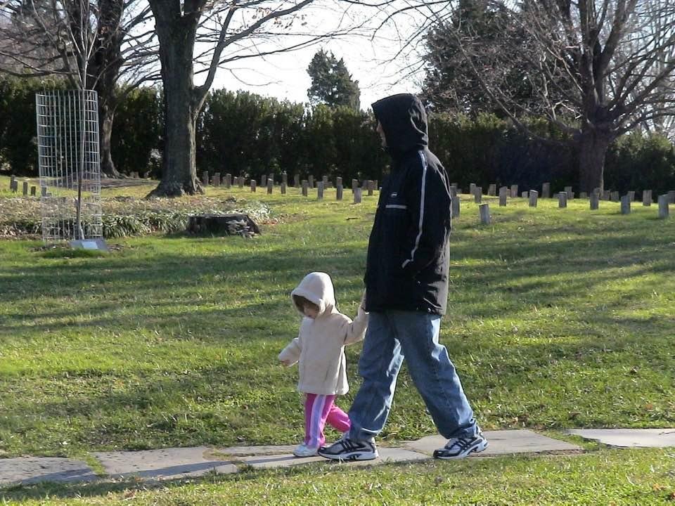 Adam Brennen strolling with little Haley at City Cemetery, Lynchburg, CA (2004)