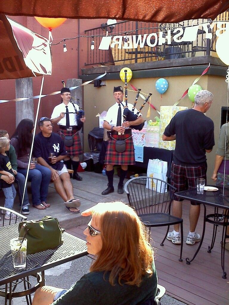 Only at an Irish baby shower - bagpipes and beer :-)