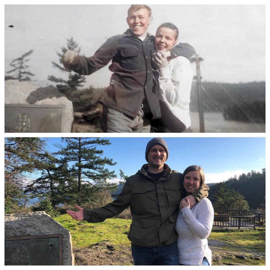 In the early 50’s my mom and dad had the top photo taken at whidbey island Washington.
In 2021 my niece Kayleigh and her husband Sean took the same picture at the exact spot. This is was so special thank you Kayleigh.