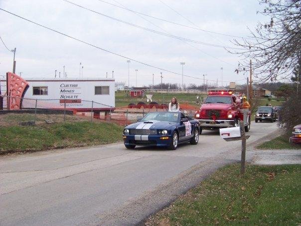 Shelby Burnett in a 2008 Shelby Mustang, Loaned by Mike Kehoe Ford of Jefferson City, New Bloomfield 2009 Christmas Parade. Poppy Fred Case driving, (most of the time).
