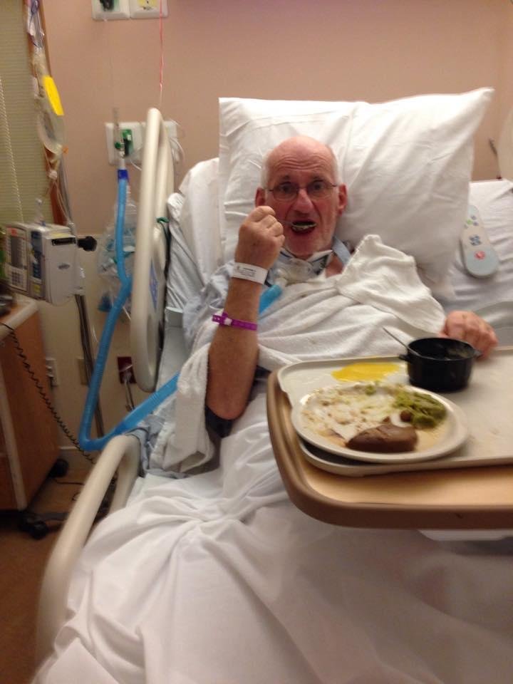 Look who passed his swallowing test and had his first tray of FOOD:-)