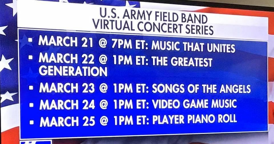 These concerts will be on armyfieldband.com and all platforms including Facebook and YouTube .  Enjoy!