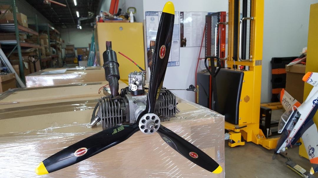 75cc twin built for the Giant Corsair I'm building, 22" custom 3 blade scale prop. 42lbs thrust static. Landing gear finished full retract system mains and tail all scaled too.