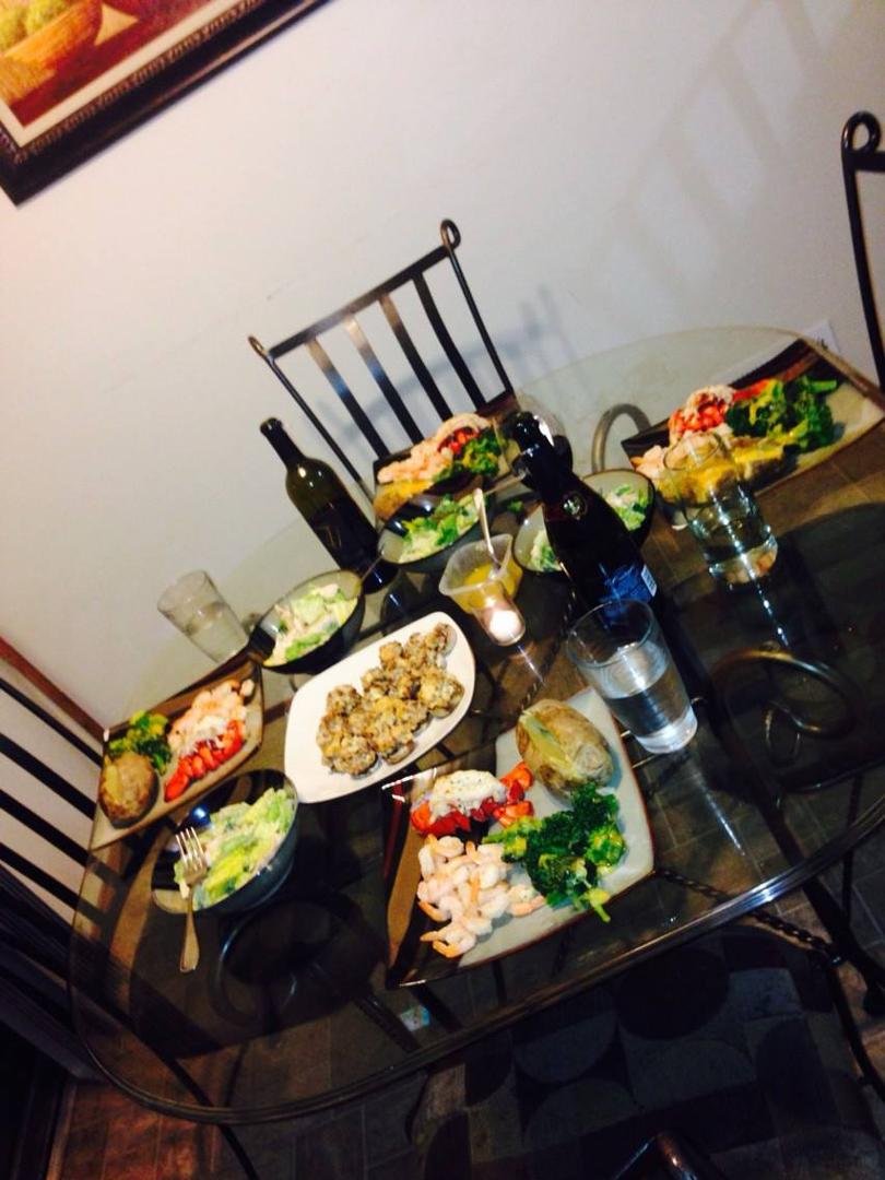 Happy valentines day!! Stuffed mushrooms, baked potato, steamed broccoli, lobster tails, sautéed shrimp and lots of wine!!!! My first full dinner I made!!!! #boom