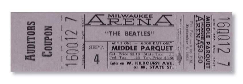 The Beatles performed @ the Milwaukee Arena on 9/4/64. This middle parquet seat ticket cost $3.50.