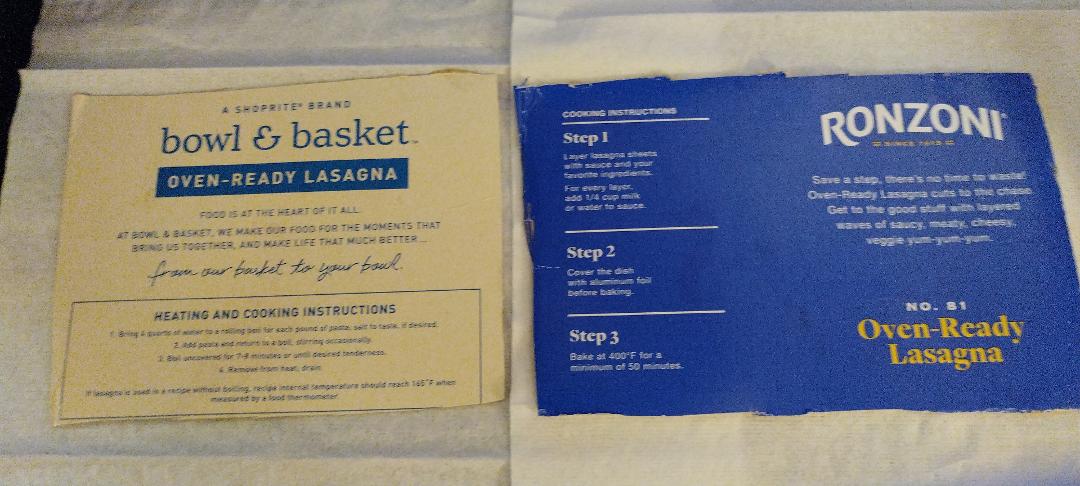 I think Shoprite needs to change their heating & cooking instructions on their oven-ready lasagna. Ronzoni has the correct instructions on their box!!!