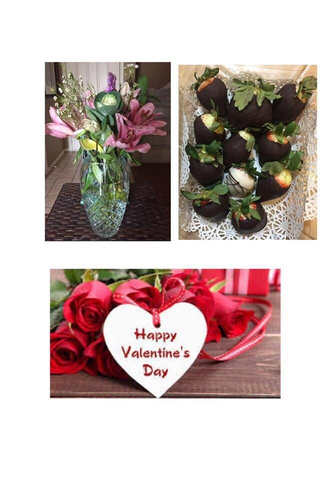 Flowers and chocolate covered strawberries. Thank you, Gary😊