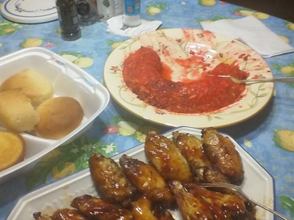 My from scratch asian wings & cranberry relish with hot rolls & corn muffins.