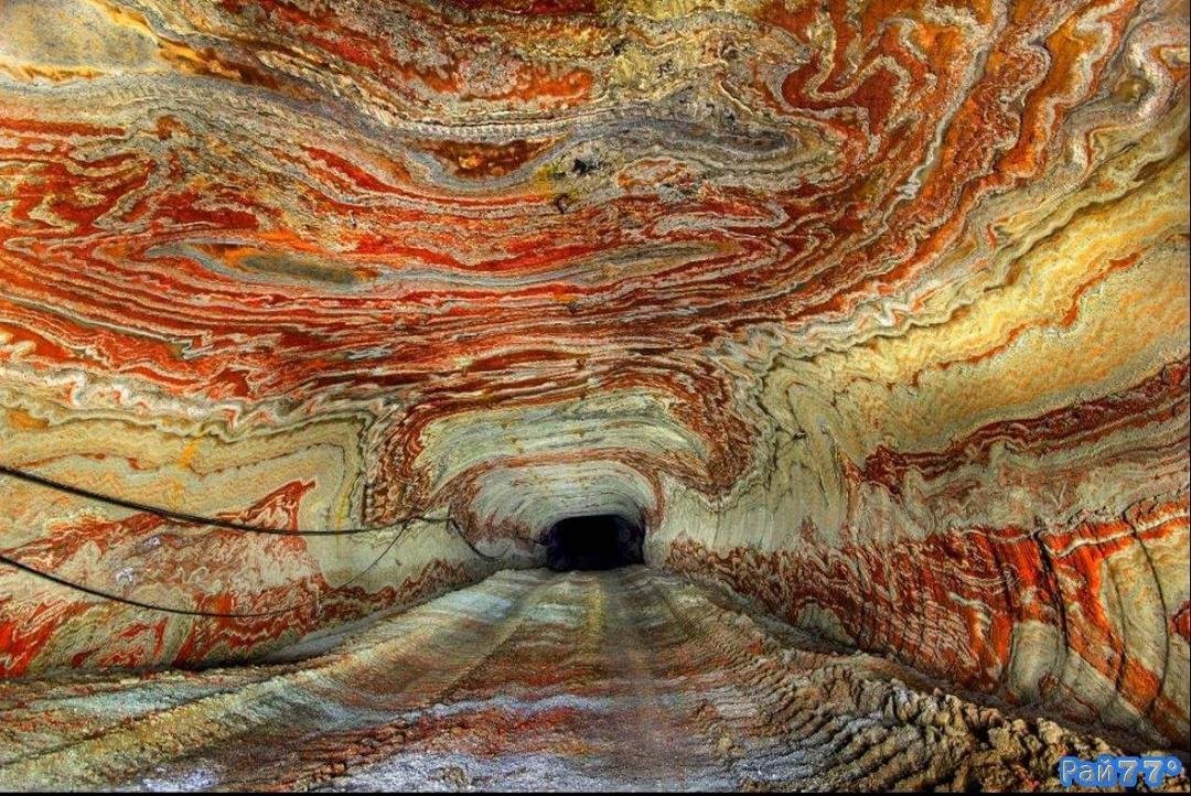 Abandoned salt mine in Russia. The psychedelic walls are caused by layers of a mineral called carnallite.