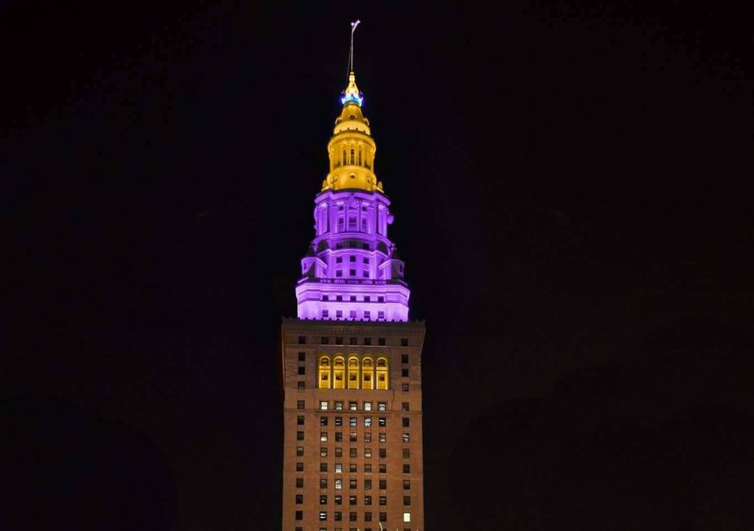 Cleveland Ohio Terminal Tower.Holds so much history for my family. We're srecthankful to The Sisters of St Joseph on the anniversary. And to our sistervAlum who made the lights happen like that torch. The academy lives on i
