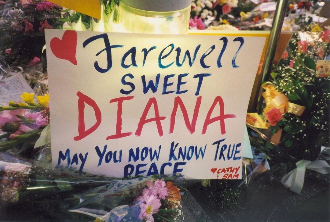 Labor Day weekend 1997 in front of the British Consulate in West Los Angeles as people flood the area with flowers and farewell messages for Diana. It was really something to see!