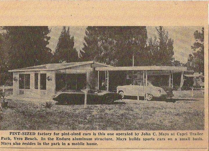 John C. Mays and Bill Mays Move to Vero Beach, Florida
   The FIBERSPORT, H-MODIFIED CLASS SCCA is based here with Mays and son.  Also pictured here is the M-JAG, an original fiberglass designed body for a D-Jaguar by Mays