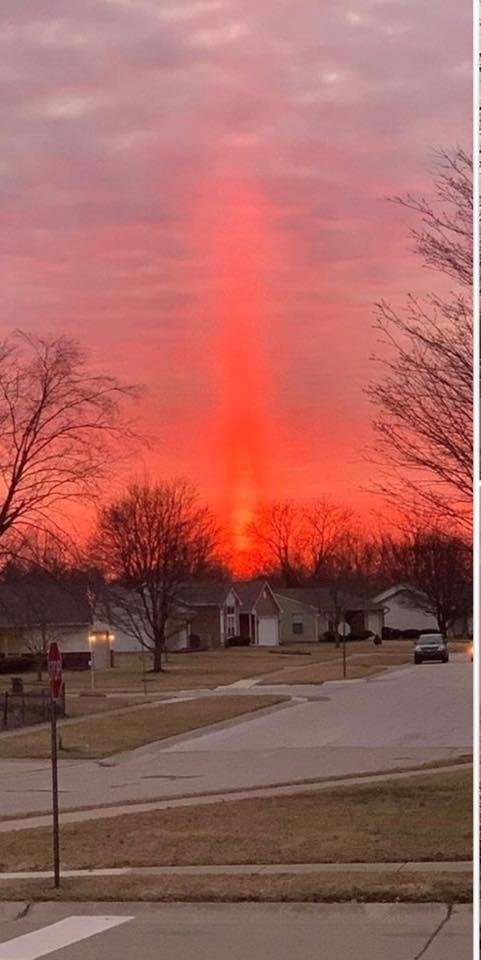 It filled the sky as I was driving home tonight on the south side of Indianapolis. Amazing! A pillar of fire to pursue into paradise. Totally natural. The weather guys call it a sun pillar and tell us it’s all about hexa