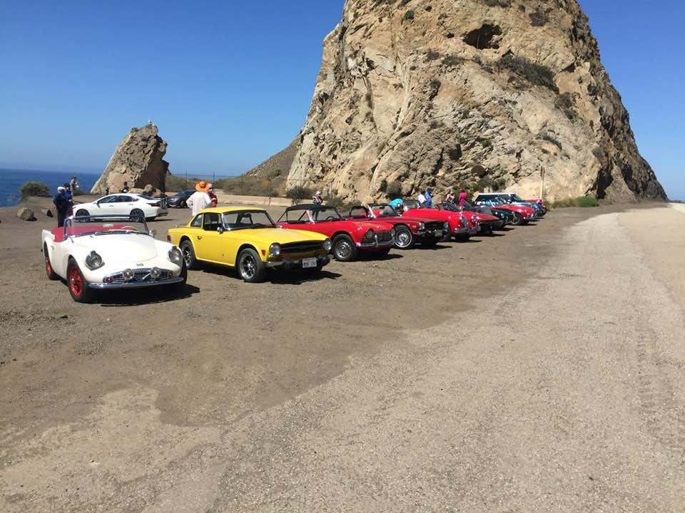Saturday fun run through the Santa Monica mountains. This was the last stop with a photo shot at Magu Rock. Every car ad ever made has a shot of Magu rock. My Triumph is 4 th from left.