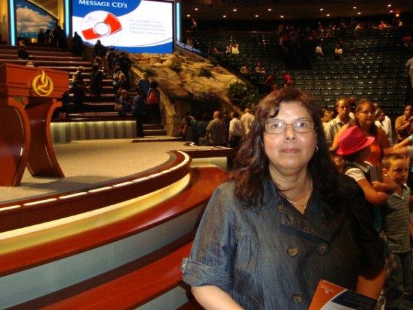 Betty in main hall of Lakewood Church in Houston, TX