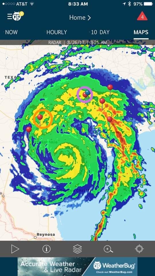 Hi Harvey 🌂☔️

For my family and concerned friends, we're doing fine so far...we are at the purple circle at the top - Aaron and Rachel are the orange circle near the left of center. Heavy rain and medium wind so far for u