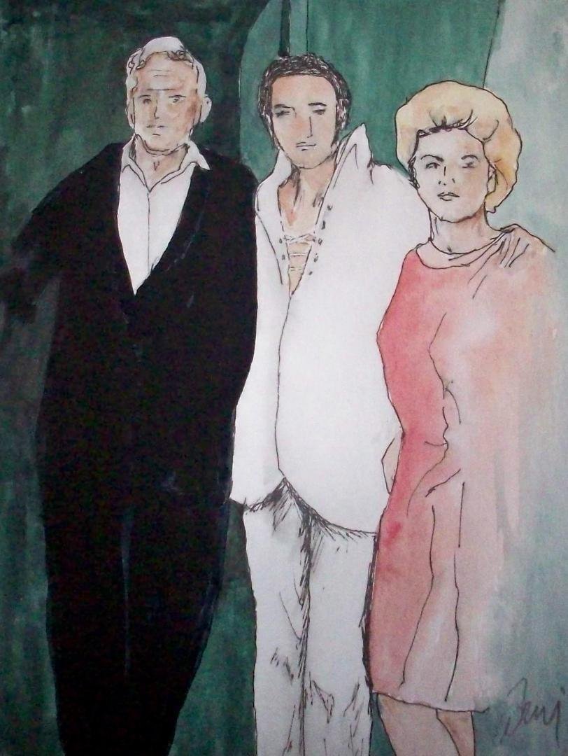 This is a pen and ink, watercolor I did in 2011 to celebrate Elvis's birthday. It was done from a poloriod shot i hgo of Elvis, His Father and Janelle McComb, a life long friend from Tupelo, tsaken at the Rex Motel in Tupel