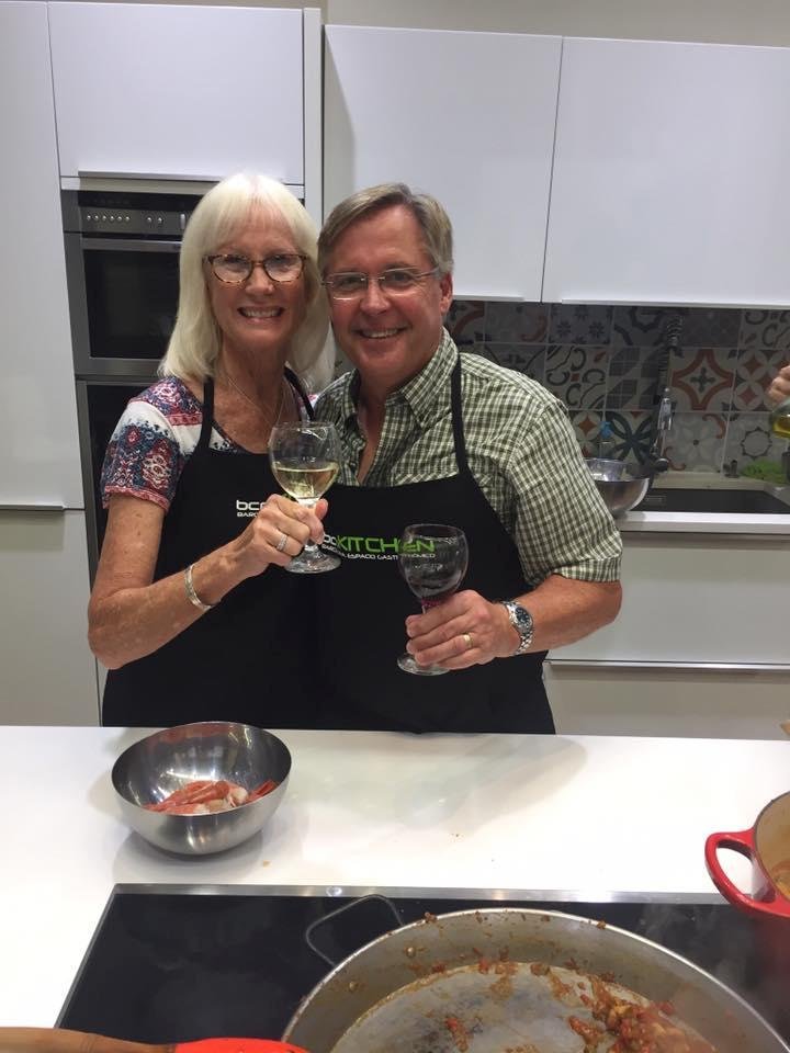 Enjoying wine in Spanish cooking class