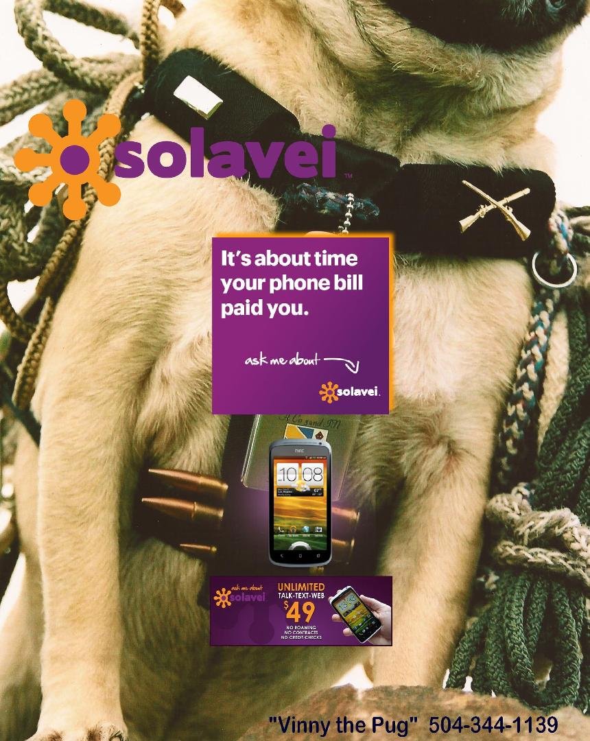 Vinny the Pug’s SOLAVEI
Isn't it About Time Your Cell Phone Start Paying You???
Vinny the Pug’s SOLAVEI can let you do just that. Join
the SOLAVEI Revolution and tell them Vinny sent you.
504-344-1139.
http://