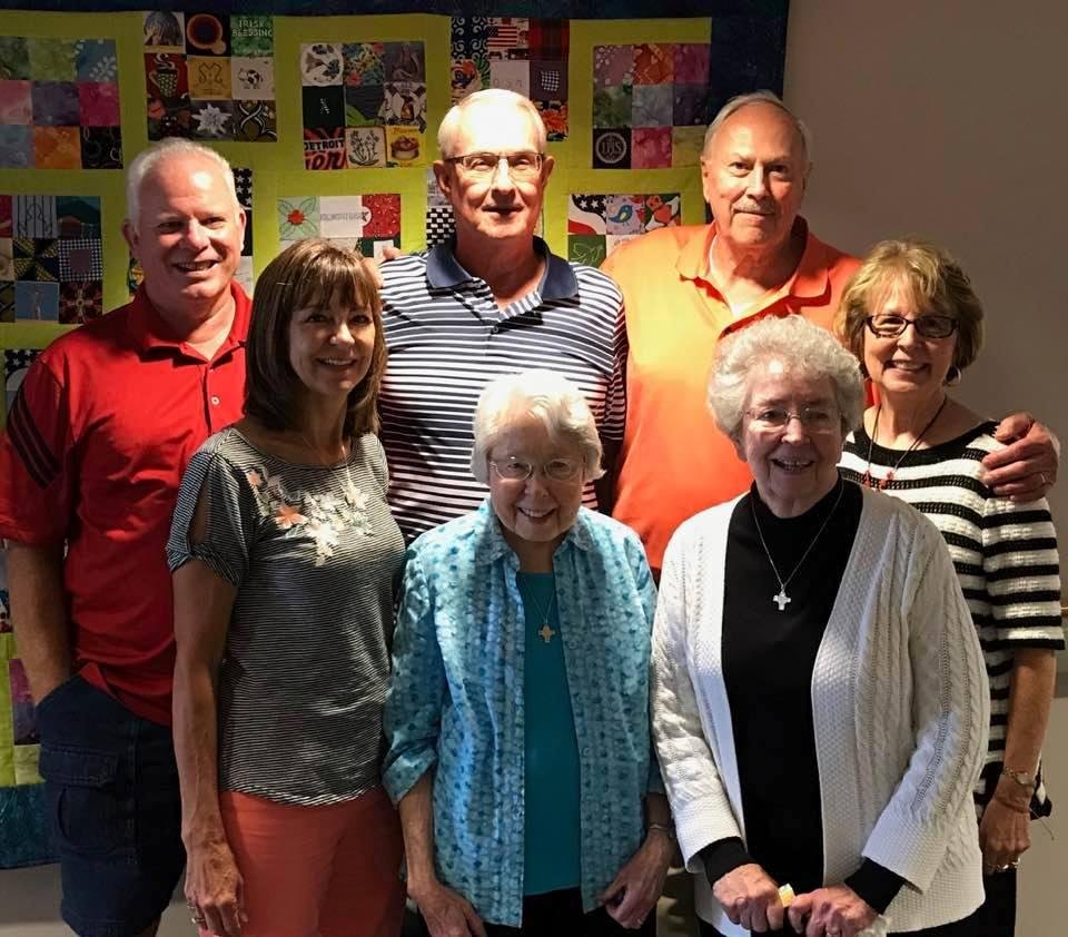 Visiting our high school teachers at the motherhouse in Omaha. Had a wonderful time!Mike Phelan, Bill Prendergast, Chuck George. Front: Connie Olsen, Sister Terese, Sister Joy, Mitzi Kirwan