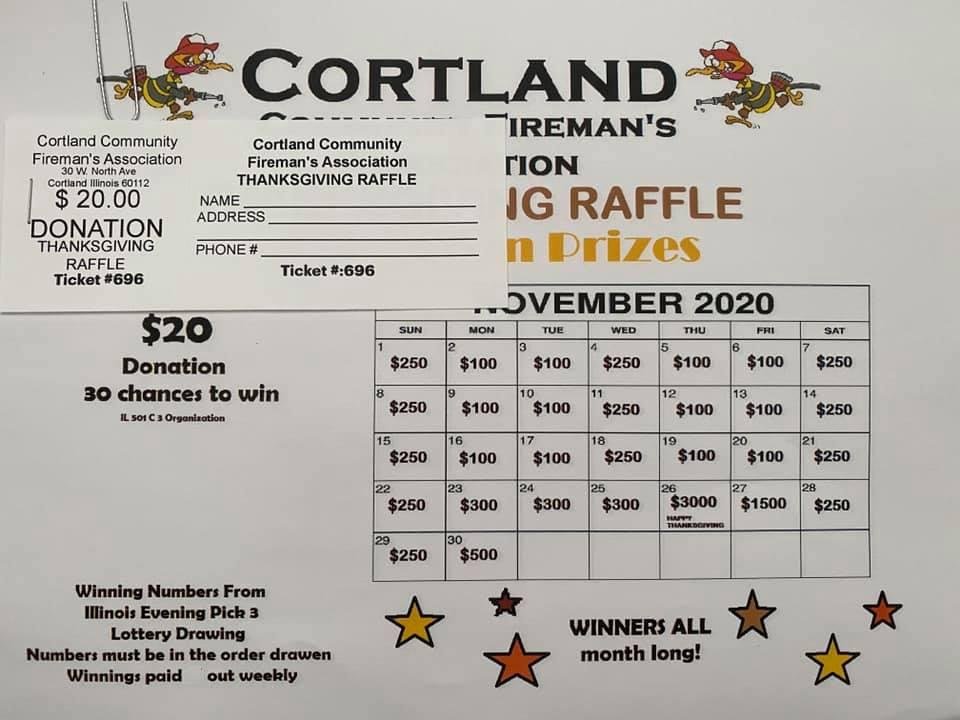 Julia is a cadet with Cortland Fire Department. She is selling raffle tickets for Cortland Community Fireman’s Assocation Thanksgiving Raffle. The tickets are $20 a ticket. You have 30 chances to win. If anyone would like t
