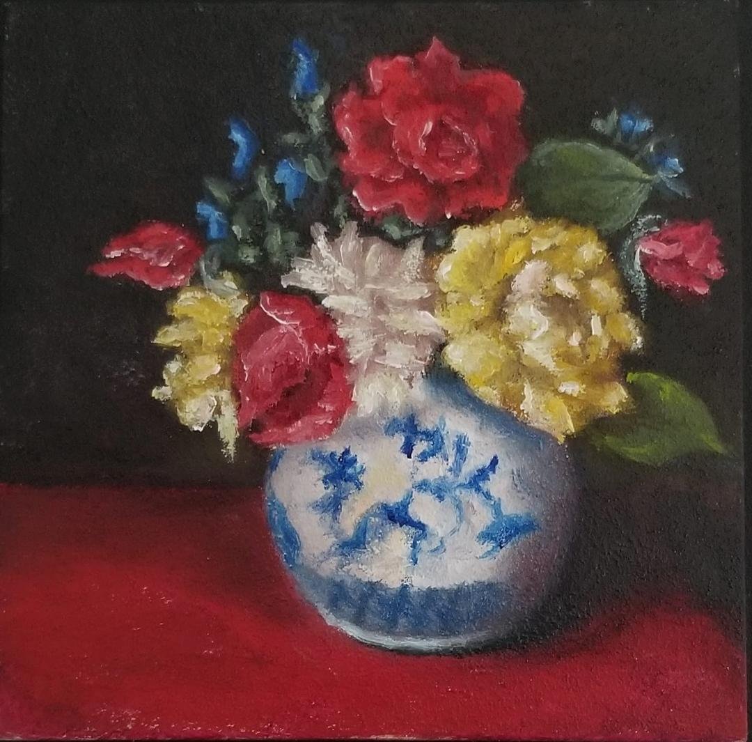 Almost finished. This really is just a study for a larger painting I'm working on.
4 7/8 x 4 7/8 oil on board. These flowers and vase belong to me.