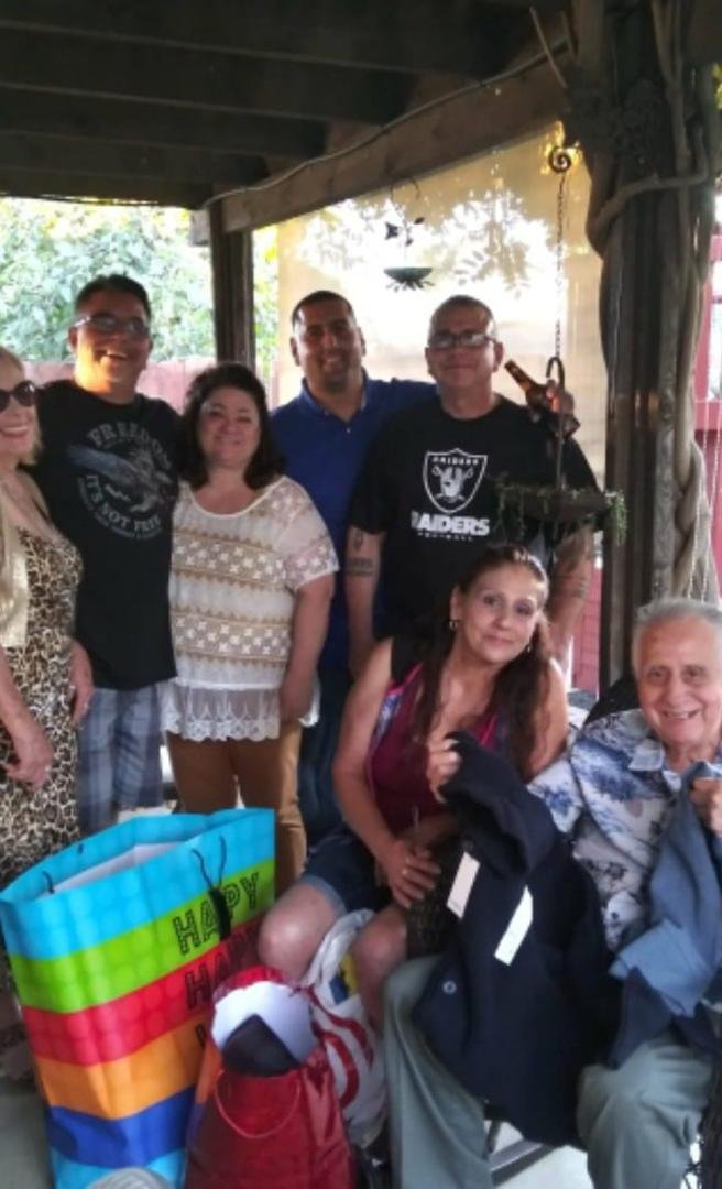 Happy birthday to My Dad at my brother Joeys. Mom, Joey, Carolyn, Arthur, Me, Debbie, Dad