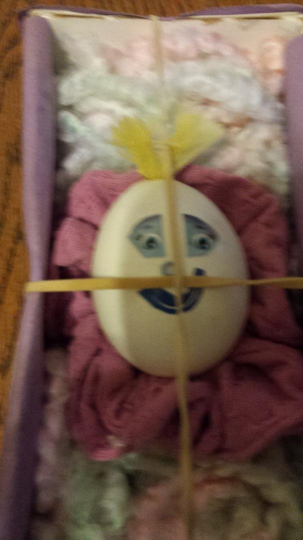 This is Susi, my egg baby grand daughter from Matthew's science project. Don't you love her car seat straps? They are on her face!