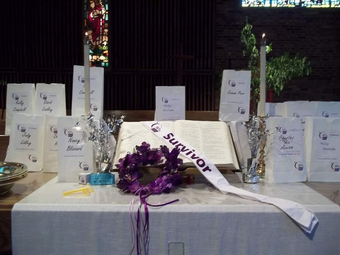 This is the altar at Good Shephard 2013. These were our survivors. This was my one year and first year I participated in Relay for Life Surivor Walk. Carissa Lynn my daughter and Rachel my granddaughter were with me in addi