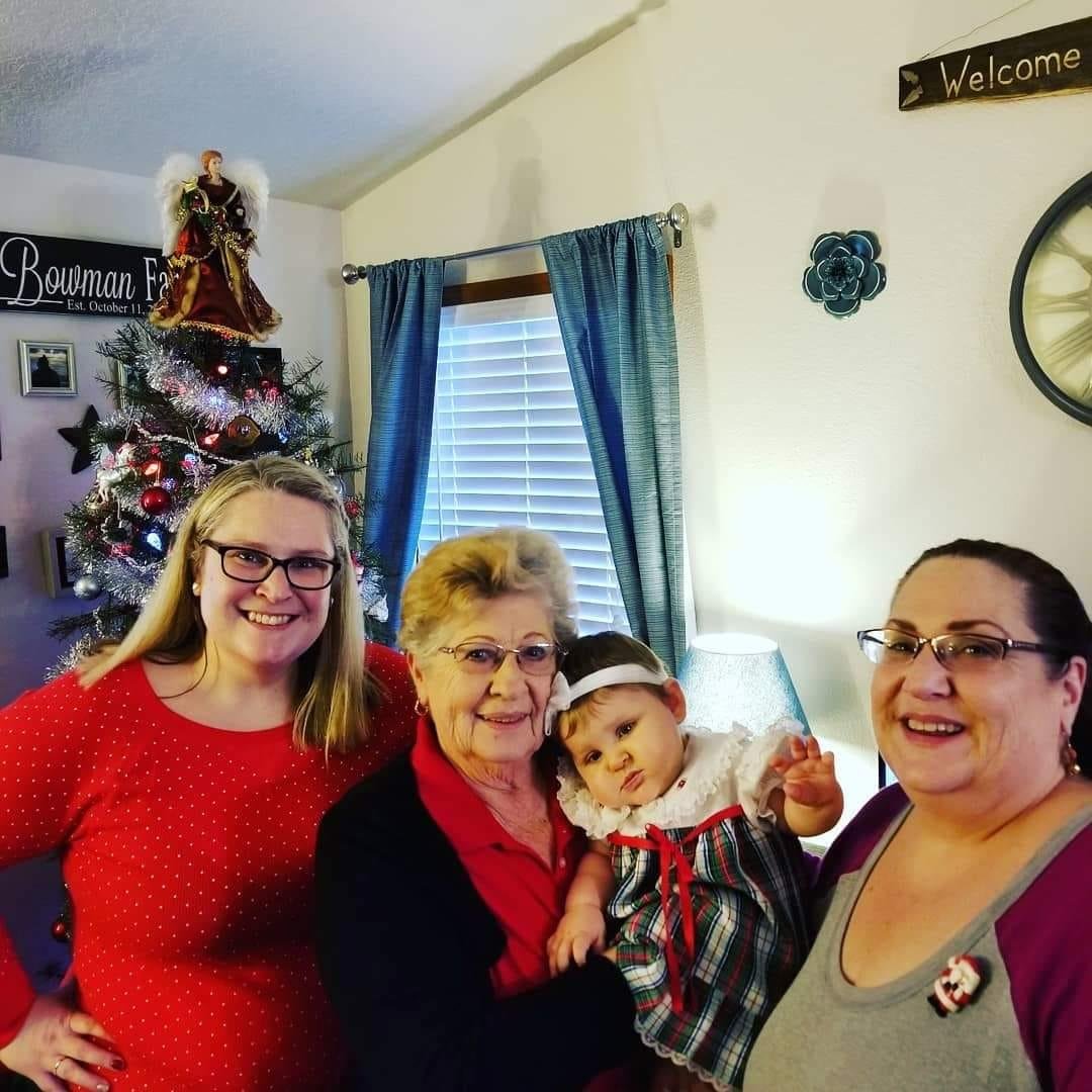 Great Grandma Lois Olsen, Grammy Lynette Olsen McPherson, Mom Leah Bowman and Baby Charlotte. Christmas 2018 Canby Or.
Charlotte is wearing a Christmas dress I saved of her Mommy's from 1984. It just fits great.
