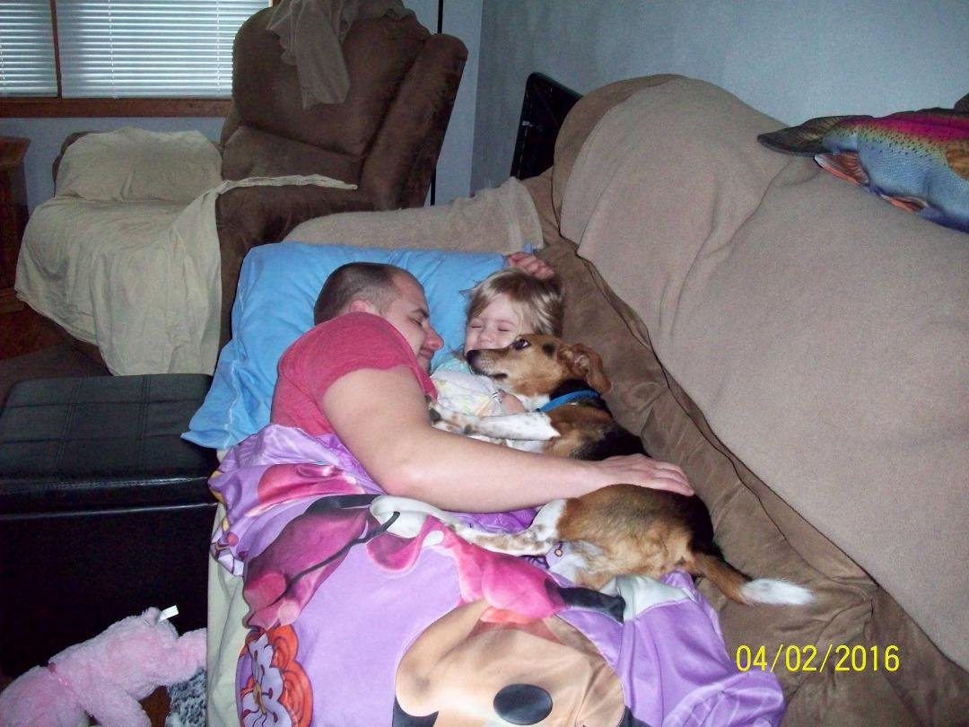 Ken took this early last Saturday morning while they were still sleeping. Ken got up to let Koby outside but instead Koby jumped up there to say good morning!