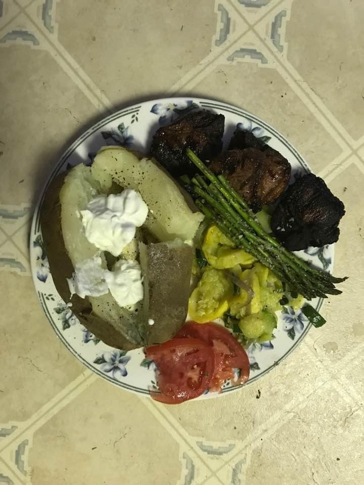 Lamb chops, baker, squash medley,asparagus ala chef Ron boy RD