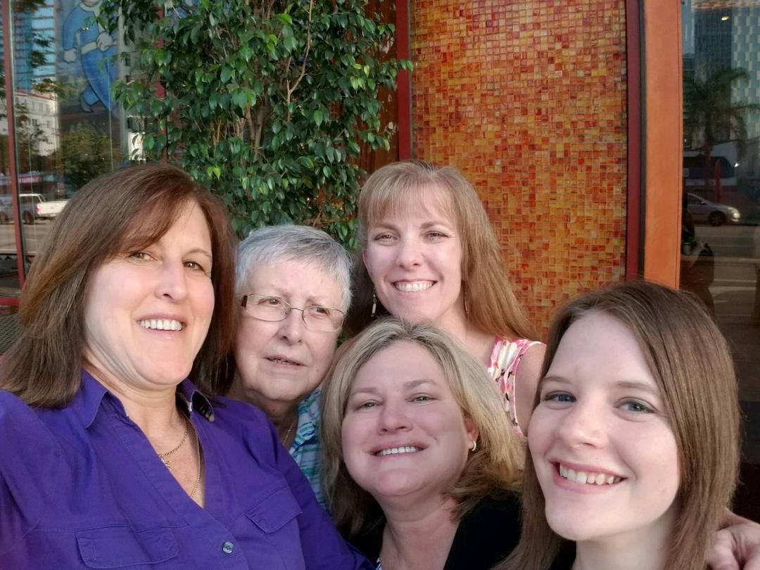 CA - June 20, 2018
Back Row:  Aunt Jackie Chaet, Cousin Jennifer Chaet, Front Row::  Debbie Shrager-Bourne, Nanci Shrager and Brittany Chaet  (2 generations of cousins)