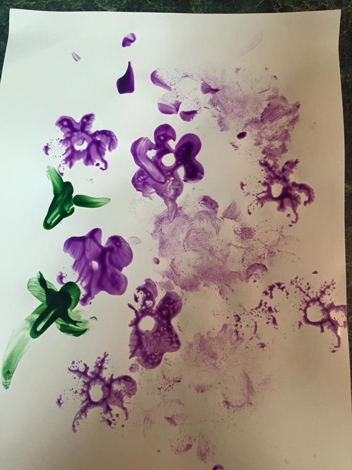 Purple sponge Flowers with finger painted stems & leaves!