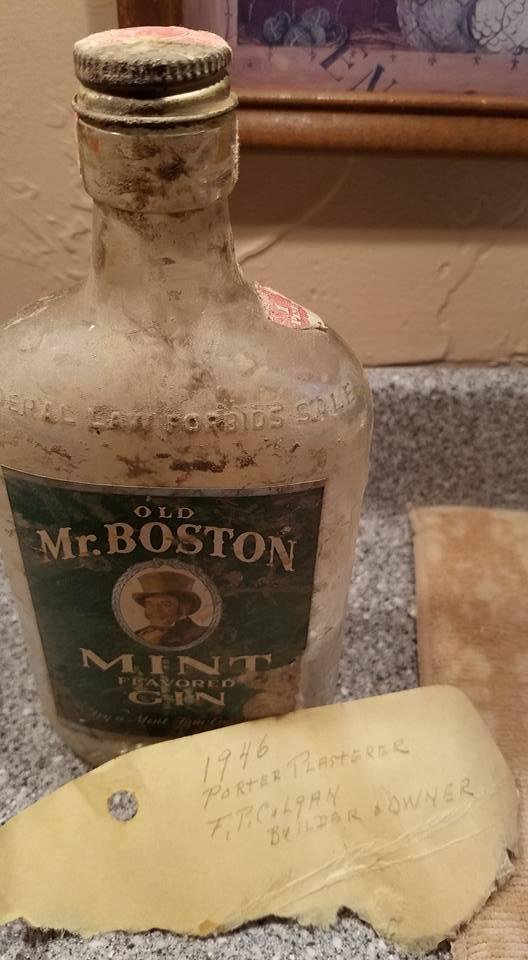 This was hidden by the builder of our house in 1946. The builder and owner was F. P. Colgan. The note and bottle were hidden under the bathroom tub and was found during our bathroom remodeling.