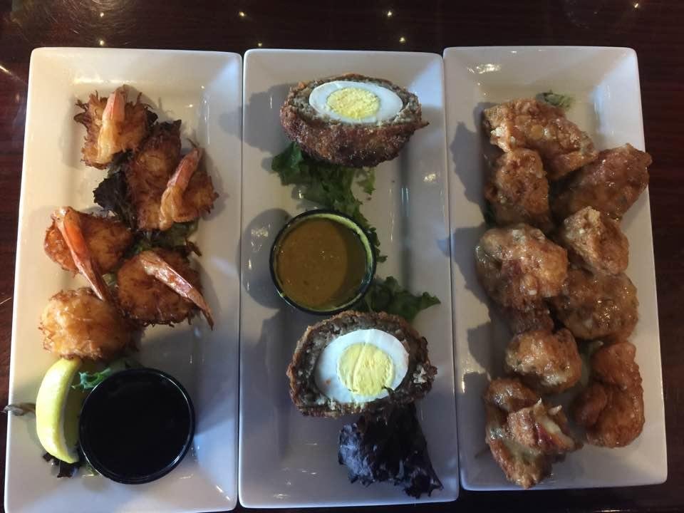 Oakwood bar and grill, coconut shrimp, Scottish egg, garlic butter wings