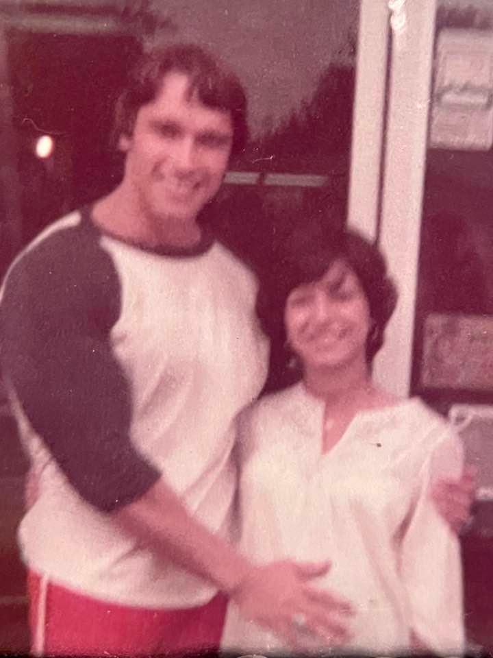My buddy Arnold September 1976 judging a bodybuilding competition at Olympus Gym in Pennsylvania. I am 9 months pregnant with Steven